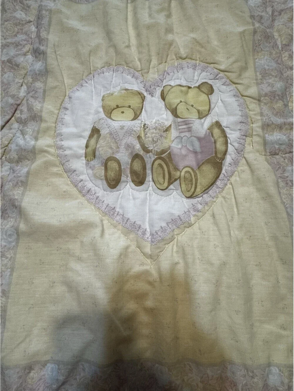 Vintage Junior Custom Quilting Mfg. Crib Quilt Teddy Bears Ruffled Quilted